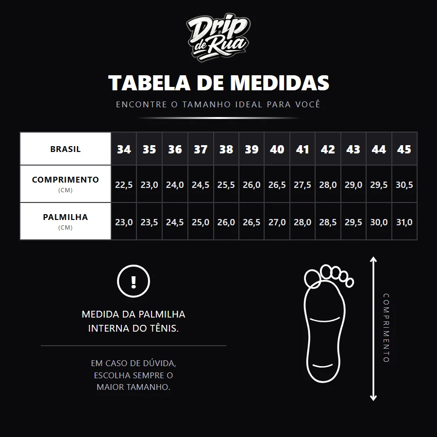 Tabela de medidas: numeração 34 a 45, com comprimento e palmilha em centímetros